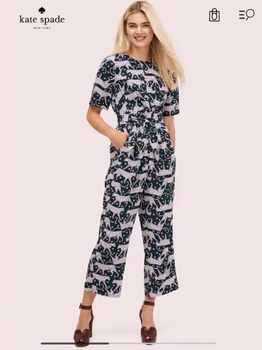 kate spade Navy & Pink Printed Short-Sleeve Tie-Waist Jumpsuit